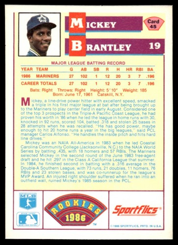 1986 Sportflics Rookies MICKEY BRANTLEY #45 Mariners FREE Ship! - Picture 2 of 2