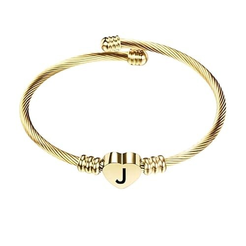 Stainless Steel Heart Word-J Bracelet Engraved Charm Bracelet for Women Golden