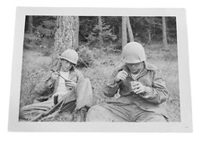 WW2 Era Photo U.S. GIs Sitting By Trees Eating From Cans