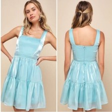 Lulus Thriving Darling Shiny Teal Blue Mermaidcore Sleeveless Tiered Mini dress