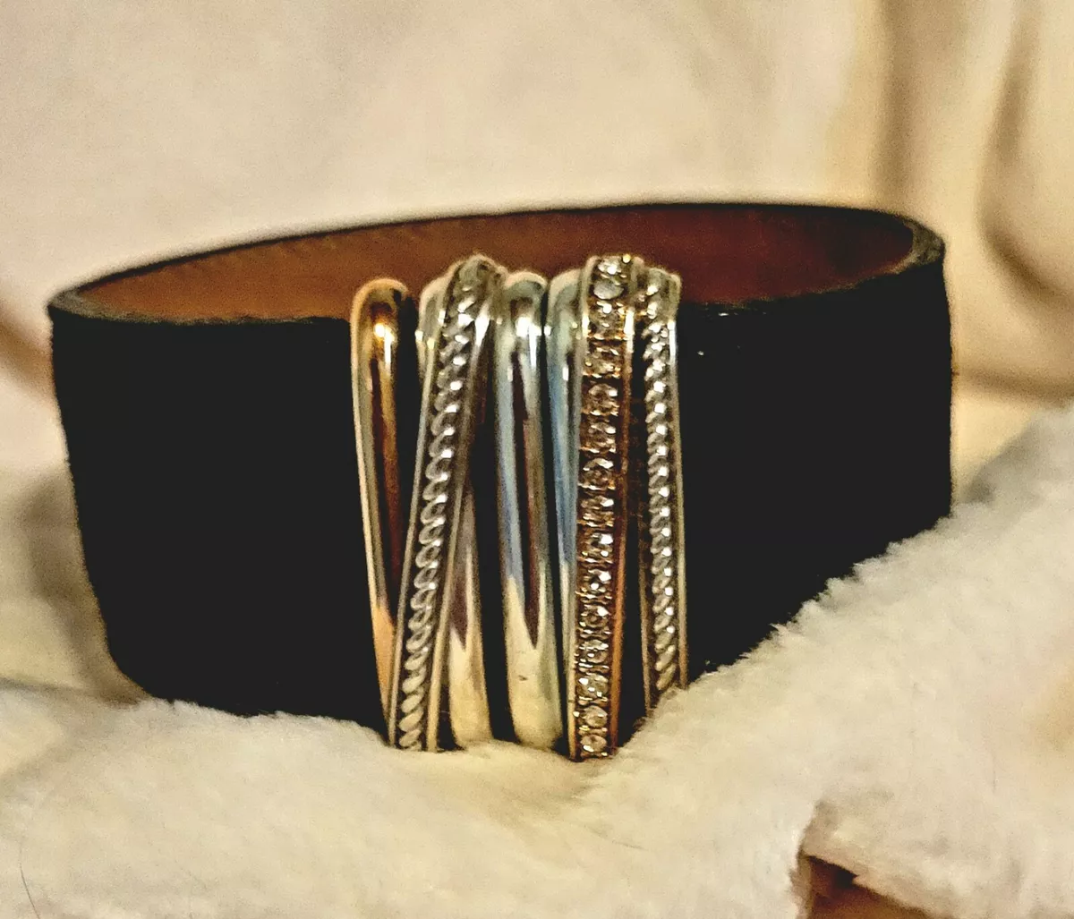 BRIGHTON NEPTUNE\'S RINGS WIDE BLACK Leather Silver Gold BRACELET Magnetic  Clasp | eBay