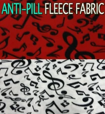 Fleece Fabric Printed Anti Pill BLACK MUSICAL NOTES with COLOR Background