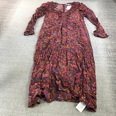 Sea New York Dress Womens Large Floral Silk Smocked Midi Ilana Ikat V Neck  Lined | eBay