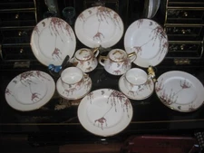 Gold Cherry Blossom Hand-Painted Japan Cream&Sugar,2 Cup Saucers & 6 Sm Plates