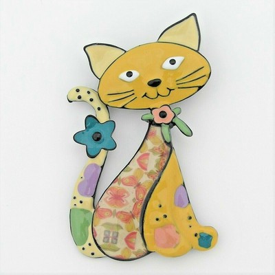happy yellow cat kitten lovers multicolour patterned body animal brooch  broach  ebay