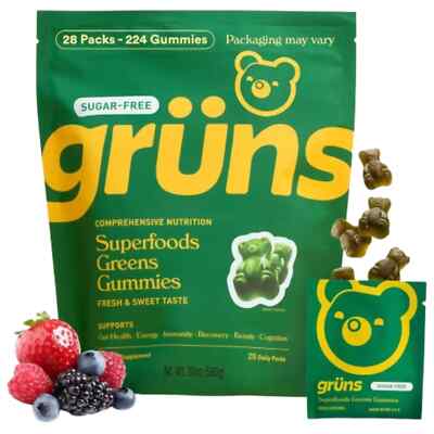 Sugar Free Gruns Daily Green Gummies, Digestive Health, 20+ Vitamins 28 packs