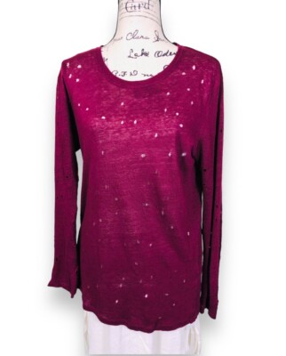 IRO Linen Distressed Long Sleeve Top Womens Size Small Burgundy Red Round Neck