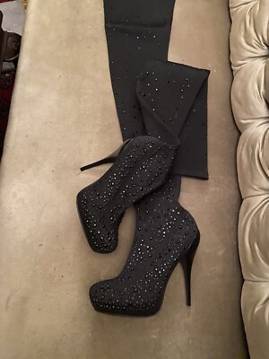 Roberto Cavalli  Black High Evening Boots  Black Diamond Studs Italy 38