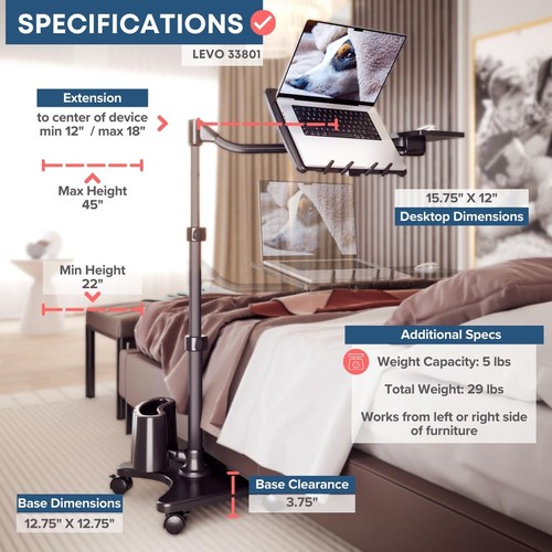 LEVO G2 Rolling Laptop Workstation Stand Cart Desk for Laptops, Books, Tablet... - Picture 3 of 5