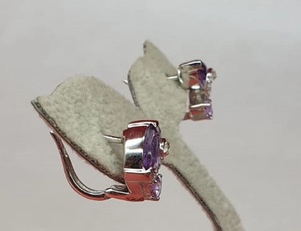 Nobile 3,0 Carati Ametista Topazio Bianco Ohrshänger 925 Argento Orecchini - Immagine 3 di 4