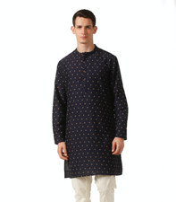 In-Sattva Men's Mandarin Collar Micro Dobby Fine Print Navy Blue Kurta Tunic