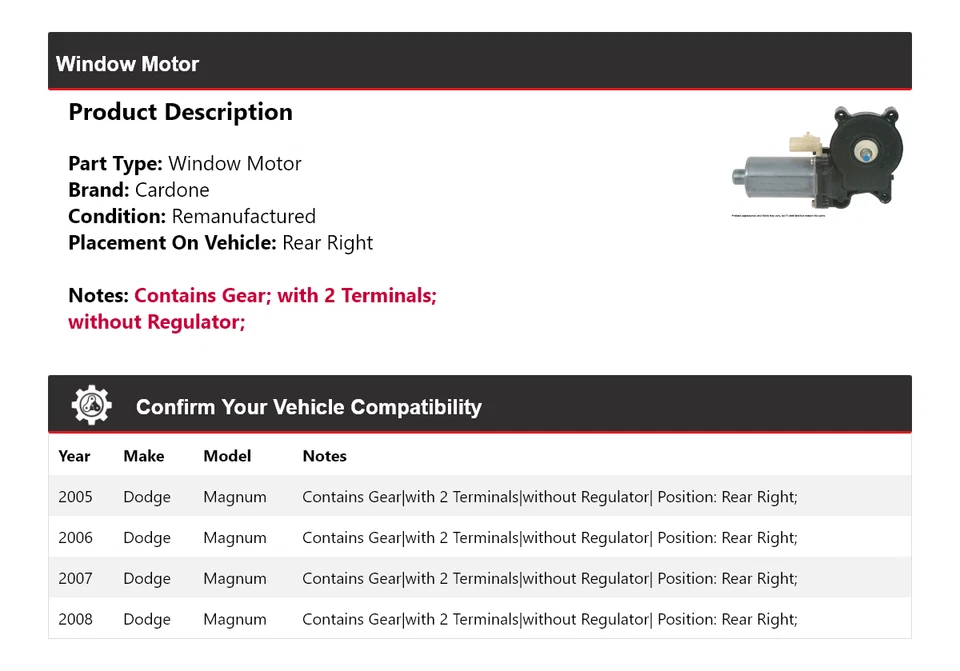 Para 2005-2008 Dodge Magnum motor de janela traseiro direito Cardone 2006 2007 - Imagem 2 de 4