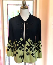 Ming Wang Open Front Cardigan Sweater Size M Black Lime Green Studded Accents
