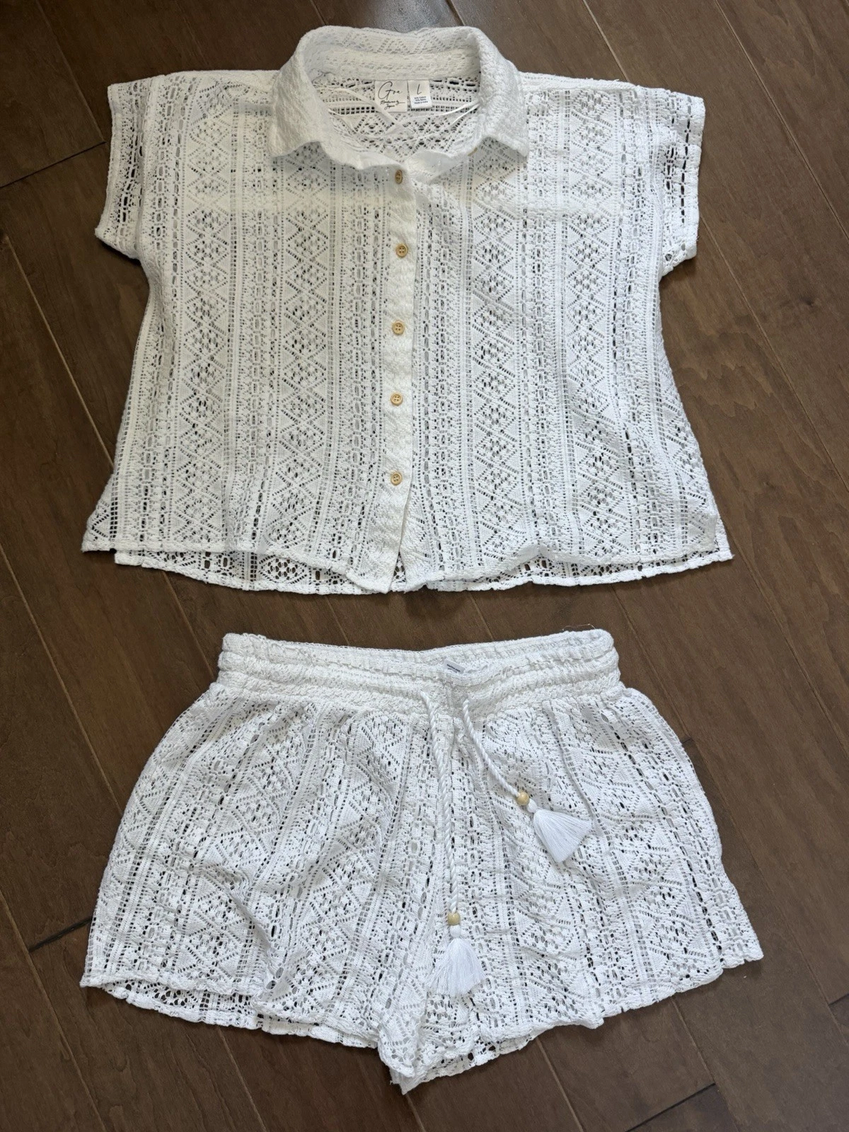 Goa Beachwear By Japna 2 Piece Top Shorts Set White Crochet Outfit Beach sz L