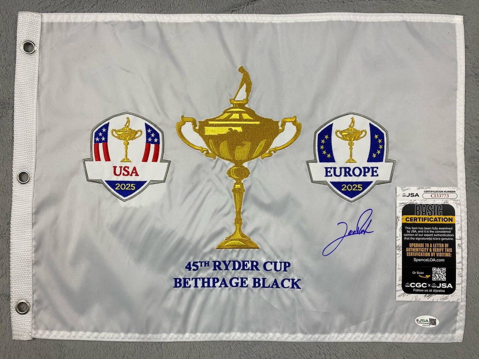 Jon Rahm Autographed Signed 2025 RYDER CUP EUROPE- EMBROIDERED PIN FLAG JSA CI33773 
