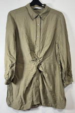 Zara Shirt Dress Womens Large Khaki Green Knot Tie Snap Button Tunic Top