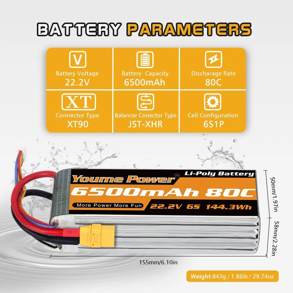 Youme 22,2V 6500mAh 6S Lipo Akku XT90 für RC Hubschrauber Drohne Auto Boot Losi - Bild 2 von 4