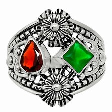 Hessonite Garnet & Green Onyx 925 Sterling Silver Ring s.8 Jewelry R-1740