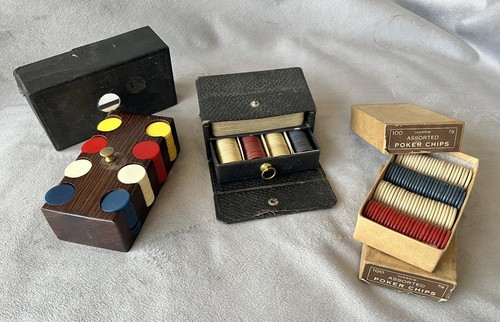 Collection of Antique Miniature Poker Sets Complete w/Vintage Clay Poker Chips