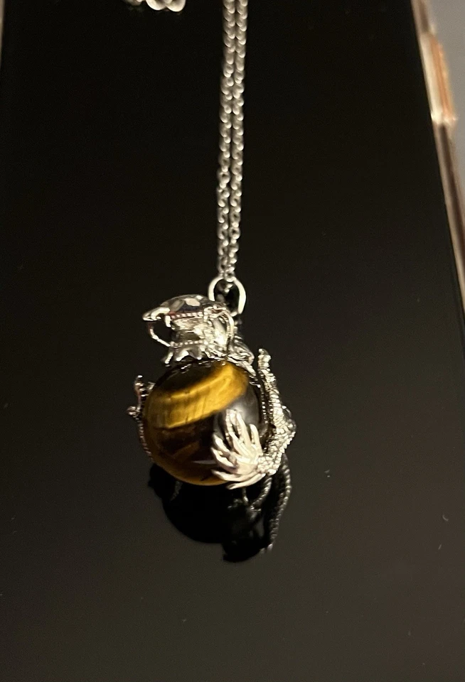 Collar Dragón Acero Inoxidable Gema Redonda Ojo de Tigre Dorado Natural 6mm Por NIA Foto 2 de 4