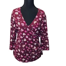 Candies Pink Fushia Floral Top Blouse V Neck Size Large