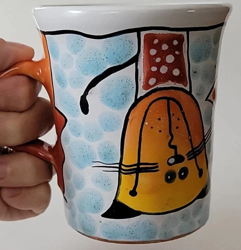 Vintage Martz Hand Painted Studio Whimsical Cat Coffee Cup Mug Redware Pottery