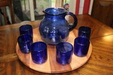Vintage Cobalt Blue Hand Blown Glass Pitcher and 6 Glasses