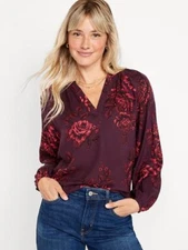 OLD NAVY by Gap~ New! NWT Small ~ Red Floral Long Sleeve Split Neck Blouse b28