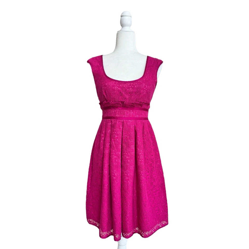 Nanette Lepore Fucsia Rosa Seda Encaje Crochet Manga Mujer Talla 4 Línea A Foto 2 de 4