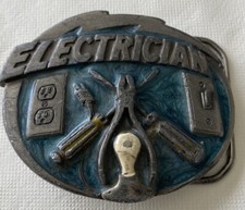 NICE VINTAGE 1982 ELECTRICIAN BELT BUCKLE GREAT AMERICAN PRODUCT PEWTER/ENAMEL