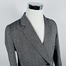 H M Size 6 Double Breasted Blazer Black White Herringbone Lined Poly Blend