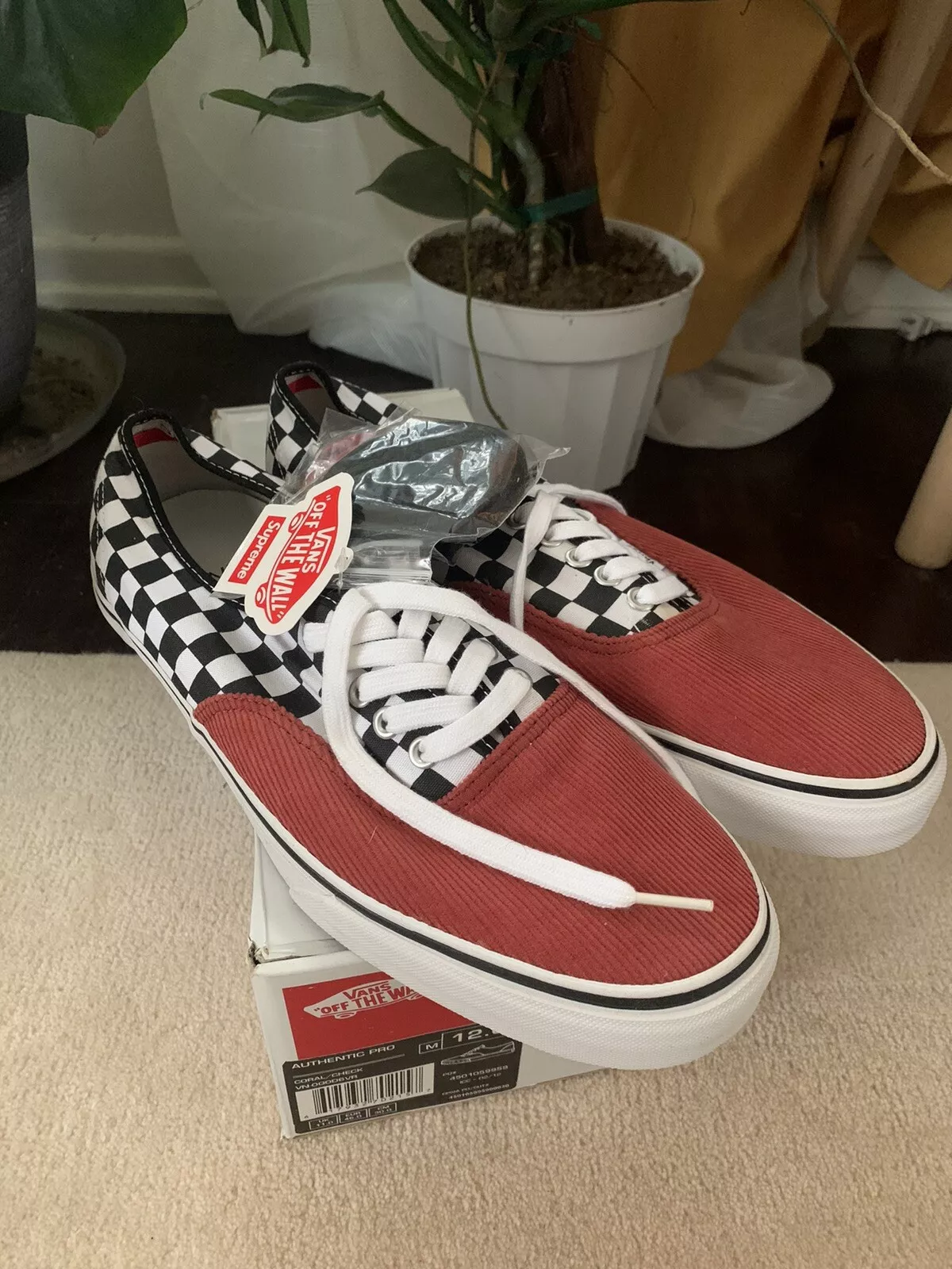 Tableau à carreaux Supreme X Vans rouge corail corduroy authentique taille 12 avec boîte originale SS12