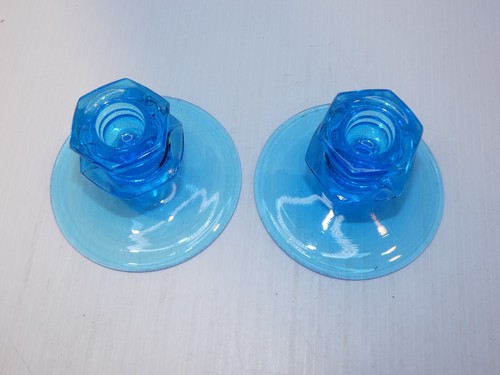Vintage Blue Elegant Glass Pair Taper Candle Holders - Picture 2 of 5