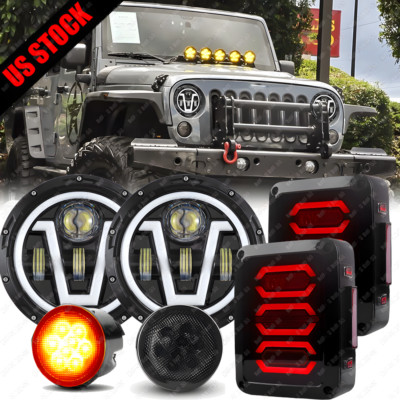 Combo 7'' Halo Led Headlights Turn Signals Tail Lights For Jeep Wrangler JK 07-18