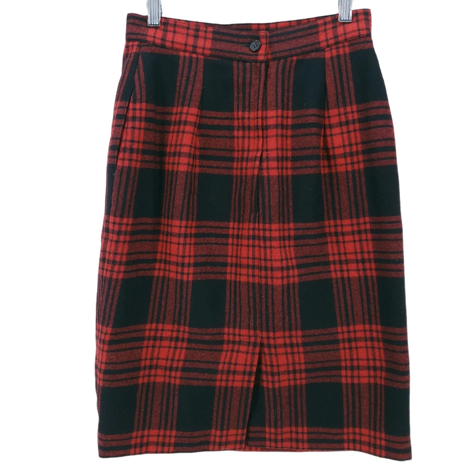 Falda lápiz vintage Lord & Taylor 100 % lana plisada roja negra a cuadros talla 4 Foto 2 de 4