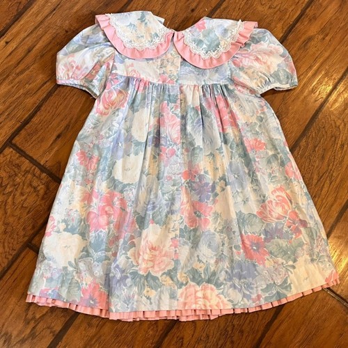 Vtg Bryan dress little girl 6 pink blue prairie cottage USA made ruffle floral - Picture 3 of 9