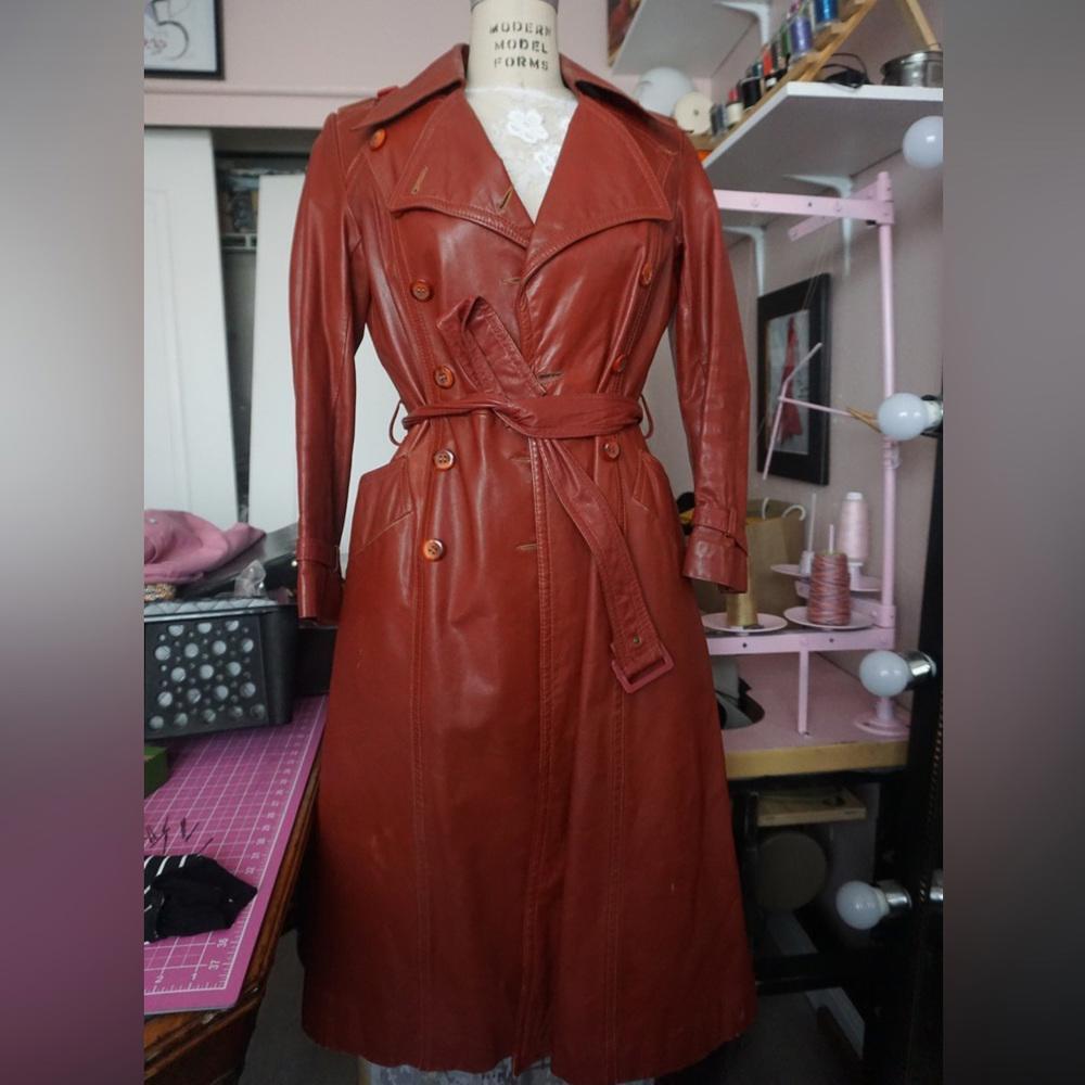 【希少品】Vintage Leather Long Trench Coat 70's Long rustic red authentic leather trench coat vintage