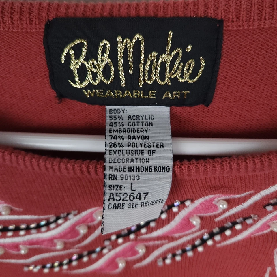 Bob Mackie Sweater Women Large Salmon Pink / Red Scarf Embroidered Beads Art - Image 4 of 4