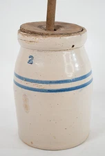 Antique Salt Glazed Stoneware 2 Gal Butter Churn Blue Stripe - Wood Lid & Dasher