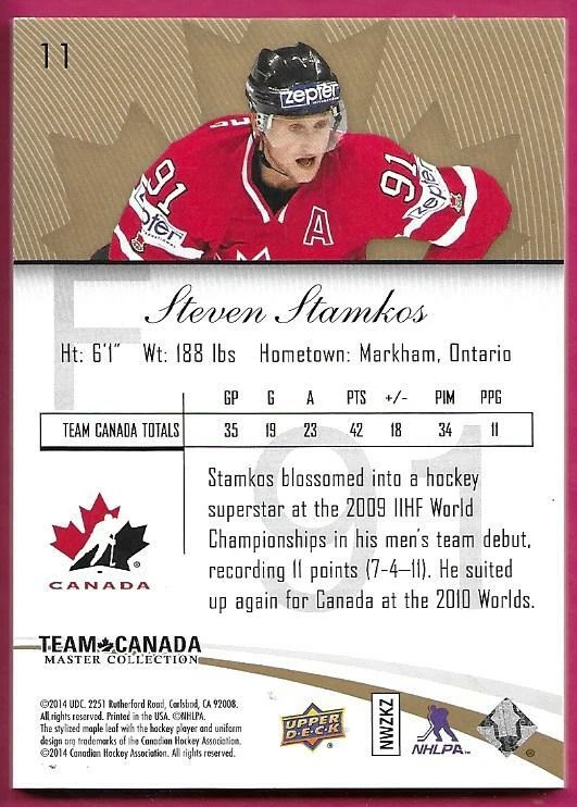 2015-16 UD Upper Deck Team Canada Master Collection #11 STEVEN STAMKOS 431/499 - Image 2 of 2