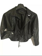 Black Biker Bomber Pvc Retro Ribbed Waist 80s Batwing Cropped Jacket Uk 4 6 8 10