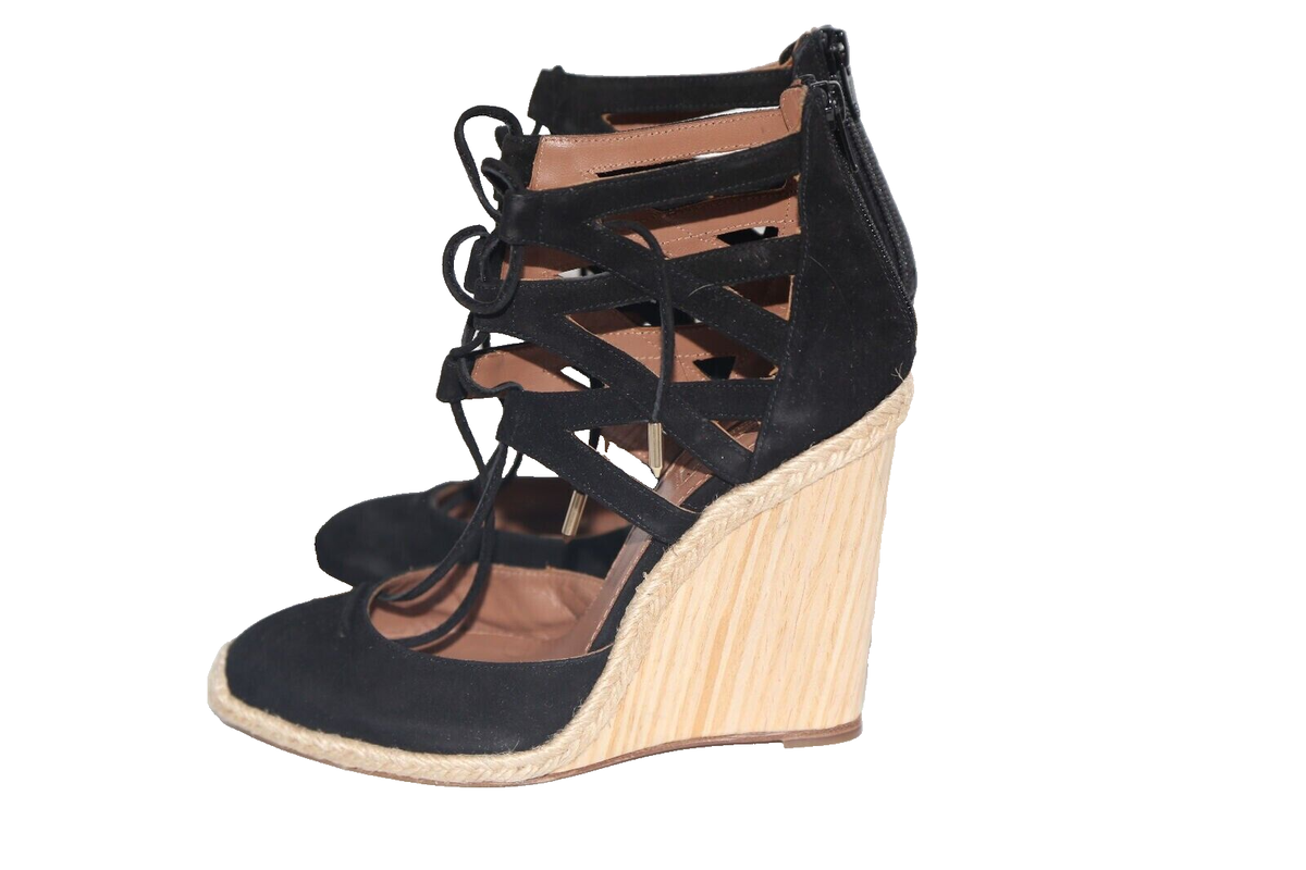 AQUAZZURA Black Suede Strappy Lace Up Wedge Sandals Size AQUAZZURA Black Suede Strappy Lace Up Wedge Sandals Size