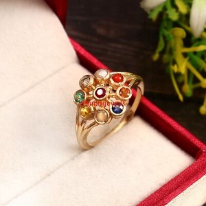 Authentic Natural Navaratna Gemstone With 18k Gold Plated Silver Women's Ring #982