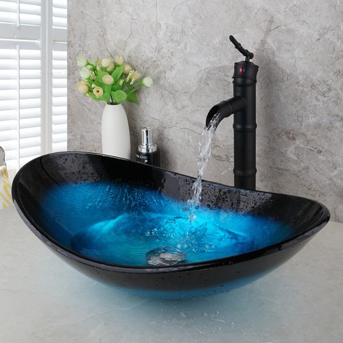 Fregadero de baño azul encimera vidrio templado recipiente fregadero ovalado combo drenaje grifo - Imagen 4 de 11