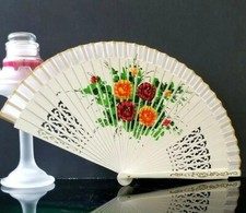 Hand Painted Wood  Paper Flower Print Folding Fan 16" Open vtg