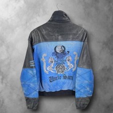 Blau/Schwarze Vintage Uncle Sam grafisch bestickte Lederjacke Herren L