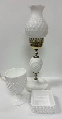 Milk Glass Hobnail Vase Trinket Dish and Electric Lamp Set of 3 Vintage