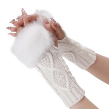 2 Pairs Furry Fingerless Gloves Arm Warmers Fluffy Winter Knitting Soft White