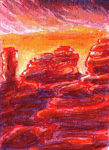 ACEO original abstract psychedelic landscape orange red desert formations sunset