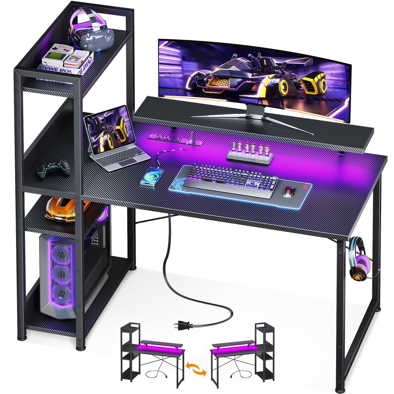 ODK Reversible Gaming Desk LED Lights, 40 Inch Computer Desk with Storage She...